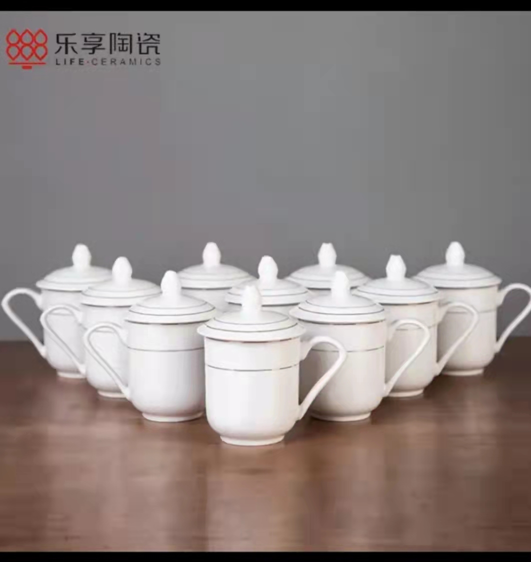 乐享办公杯会议水杯带盖金白玉十只装