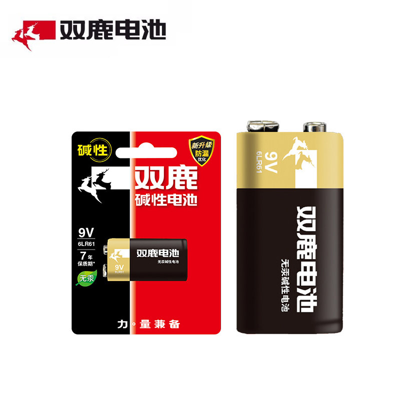 双鹿 9V碱性电池1粒卡装 适用于仪器仪表/万用表/话筒/麦克风/对讲机/烟雾报警器 6LR61/叠层电池